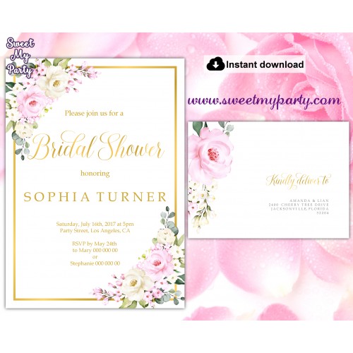 Cream pink roses Bridal Shower invitation printable template, (135)